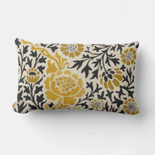 Vintage-style yellow and black floral  pattern lumbar pillow