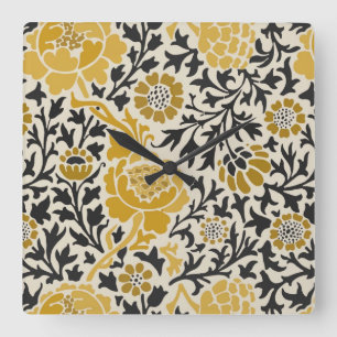 Vintage-style yellow and black floral  pattern square wall clock