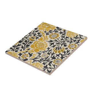Vintage-style yellow and black floral  pattern tile