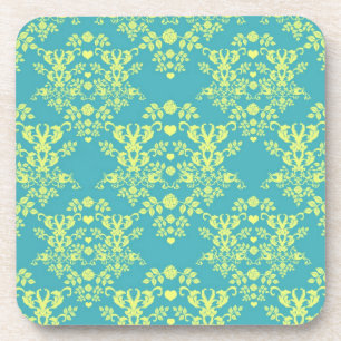 Vintage Style Yellow and Teal Damask Pattern Coaster