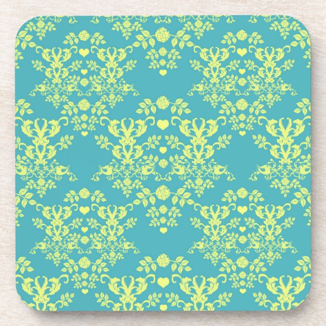 Vintage Style Yellow and Teal Damask Pattern Coaster (Front)