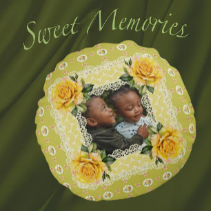 Vintage Style Yellow Rose Lace Green Memory Photo Round Pillow