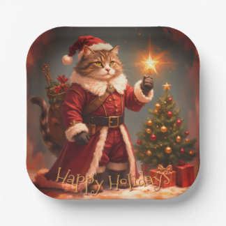 Vintage Styled Christmas Kitty Square Paper Plate
