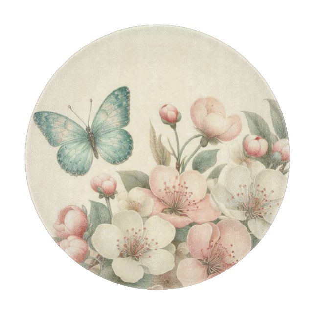 Vintage styled floral/spring butterfly cutting board (Front)
