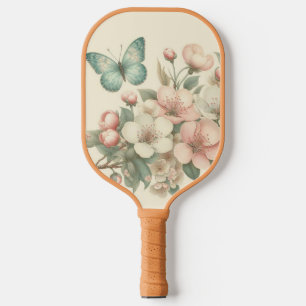 Vintage styled floral/spring butterfly pickleball paddle
