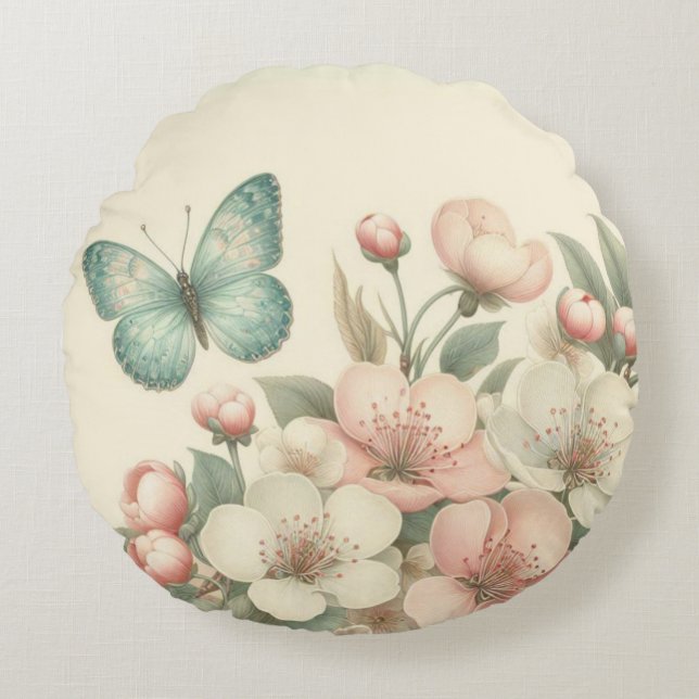Vintage styled floral/spring butterfly round pillow (Front)