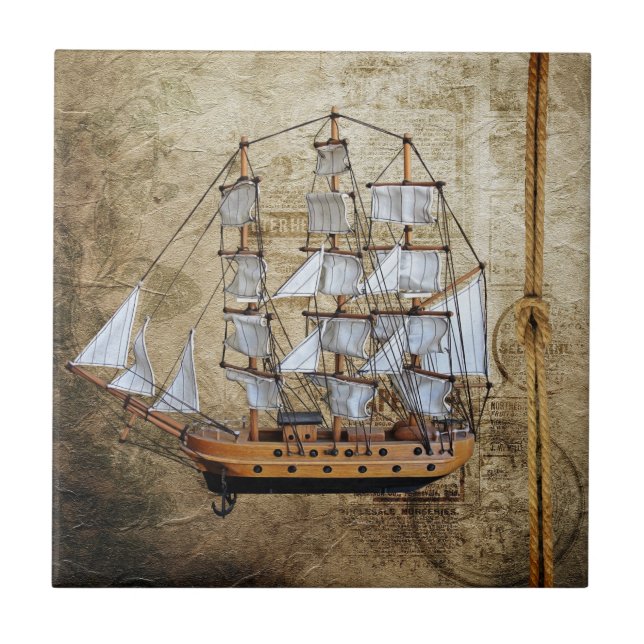 Vintage Styled Ship with Rope Knot Tile (Front)