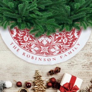 Vintage Stylish Red White Christmas Floral Pattern Brushed Polyester Tree Skirt