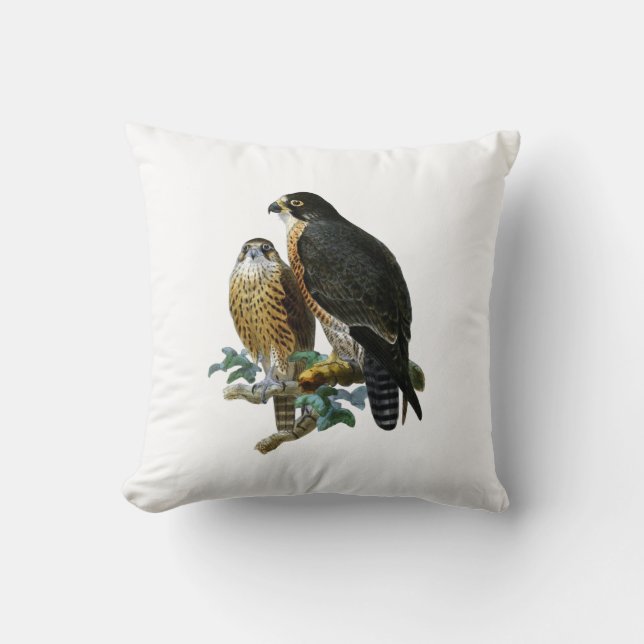 Vintage Stylized Falcons on Branch Throw Pillow (Front)