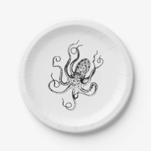 Vintage Stylized Octopus Drawing #1 Paper Plate