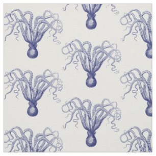 Vintage Stylized Octopus Drawing #8 Blue  Fabric