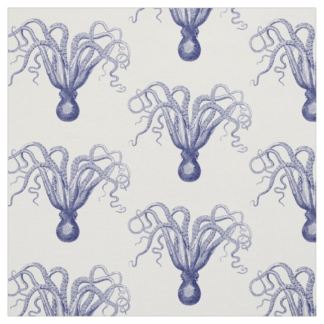 Vintage Stylized Octopus Drawing #8 Blue  Fabric (Swatch)