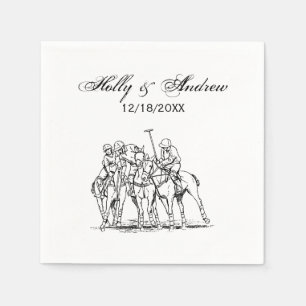 Vintage Stylized Polo Match Drawing #1 Black Napkin