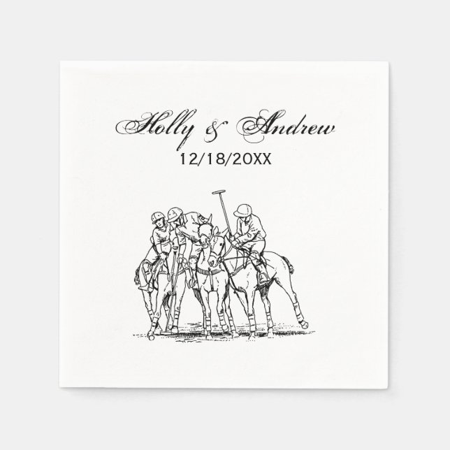 Vintage Stylized Polo Match Drawing #1 Black Napkin (Front)