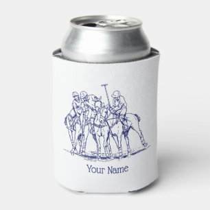 Vintage Stylized Polo Match Drawing #1 Blue Can Cooler
