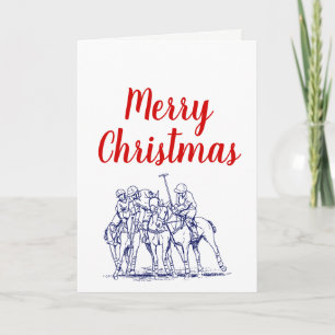 Vintage Stylized Polo Match Drawing #1 Blue Holiday Card