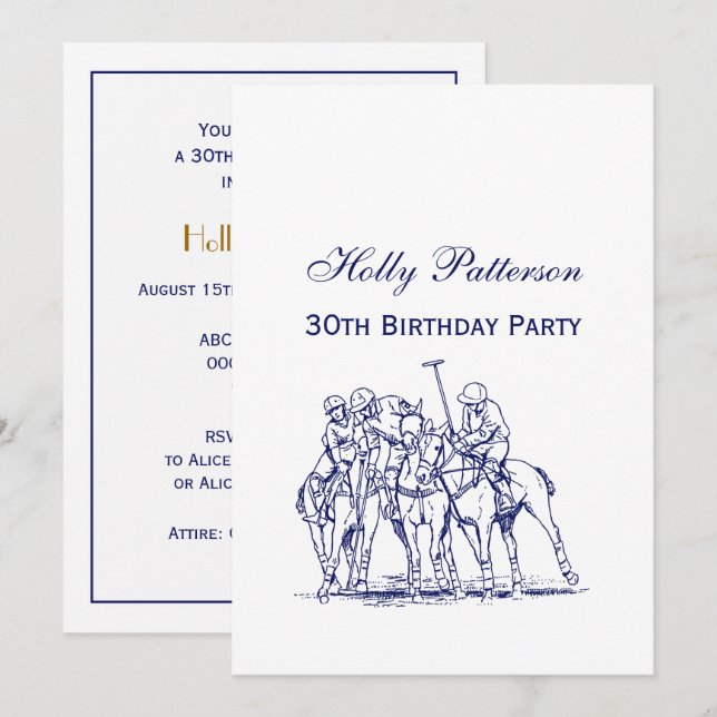 Vintage Stylized Polo Match Drawing #1 Blue Invitation (Front/Back)