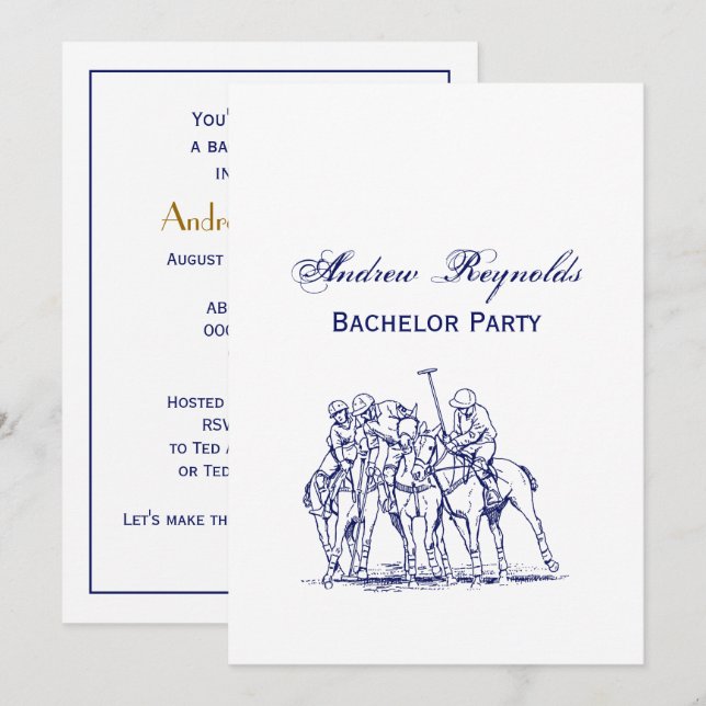 Vintage Stylized Polo Match Drawing #1 Blue Invitation (Front/Back)