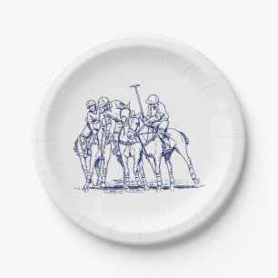Vintage Stylized Polo Match Drawing #1 Blue Paper Plate