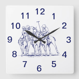Vintage Stylized Polo Match Drawing #1 Blue Square Wall Clock