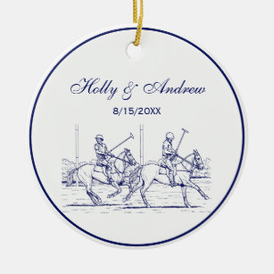 Vintage Stylized Polo Match Drawing #2 Blue Ceramic Ornament