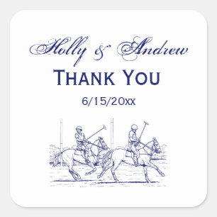 Vintage Stylized Polo Match Drawing #2 Blue Square Sticker