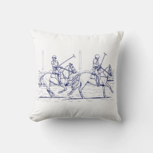 Vintage Stylized Polo Match Drawing #2 Blue  Throw Pillow