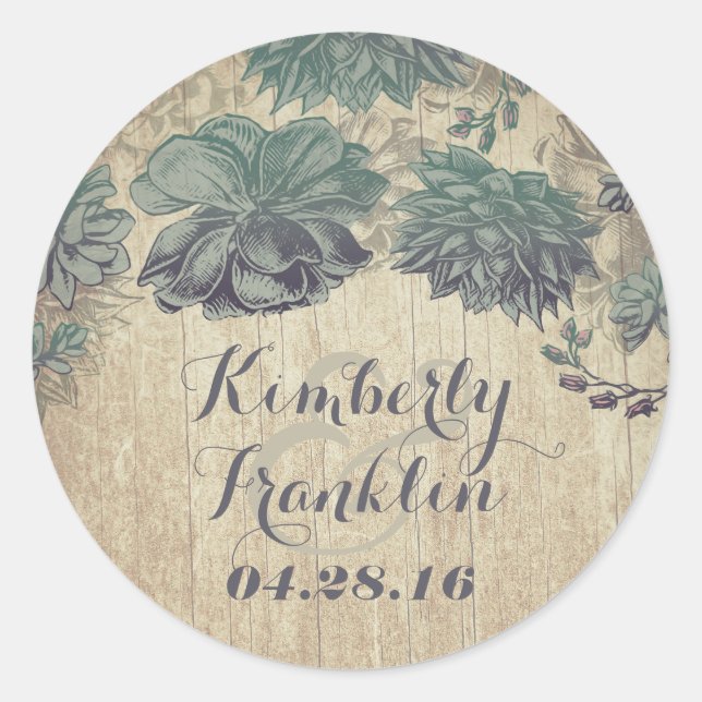 Vintage Succulents Rustic Wedding Classic Round Sticker (Front)