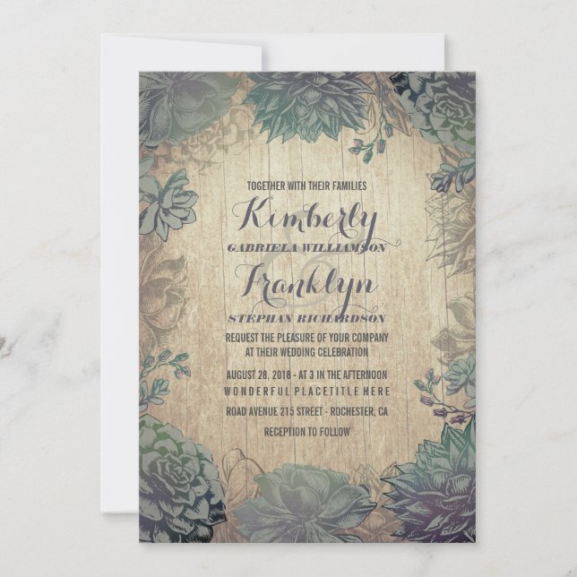 Vintage Succulents Rustic Wedding Invitation (Front)