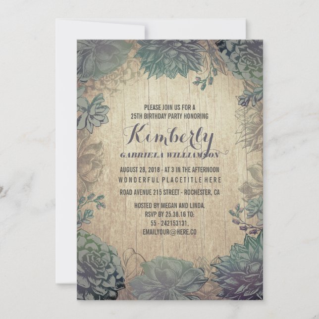 Vintage Succulents Rustic Wood Birthday Party Invitation (Front)