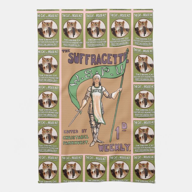 Vintage Suffragette Cat and Mouse Act Tea Towel (Vertical)