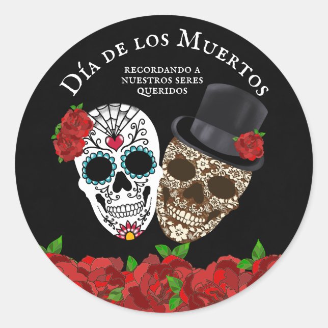 Vintage Sugar Skulls Red Roses  Classic Round Sticker (Front)