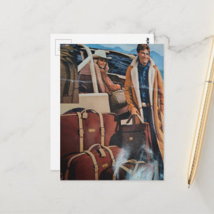 Vintage Suitcases Collage Man and Woman Mountains Postcard