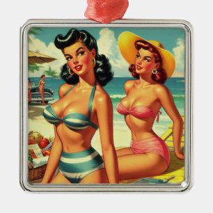 Vintage Summer Beach Pin Ups Metal Ornament