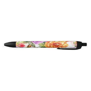Vintage Summer Bloom Watercolor Florals Black Ink Pen