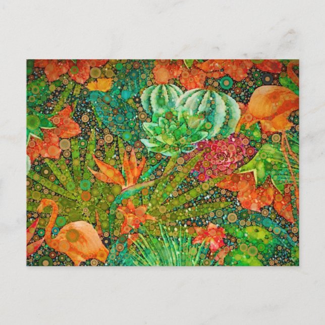 Vintage Summer Flamingo Tropical Garden Floral Postcard (Front)