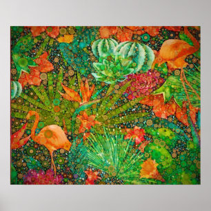 Vintage Summer Flamingo Tropical Garden Floral Poster