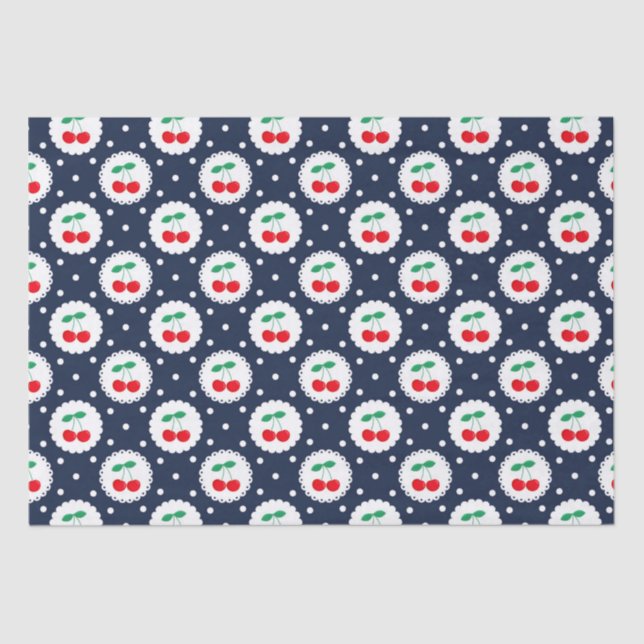  Vintage Summer Navy, White & Red Cherries Tissue Paper (Front)