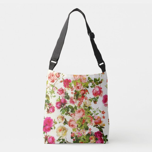 Vintage Summer Pink Rose Peonies Flowers Crossbody Bag (Front)