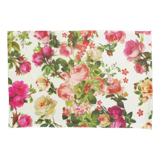 Vintage Summer Pink Rose Peonies Flowers Pillowcase (Front)