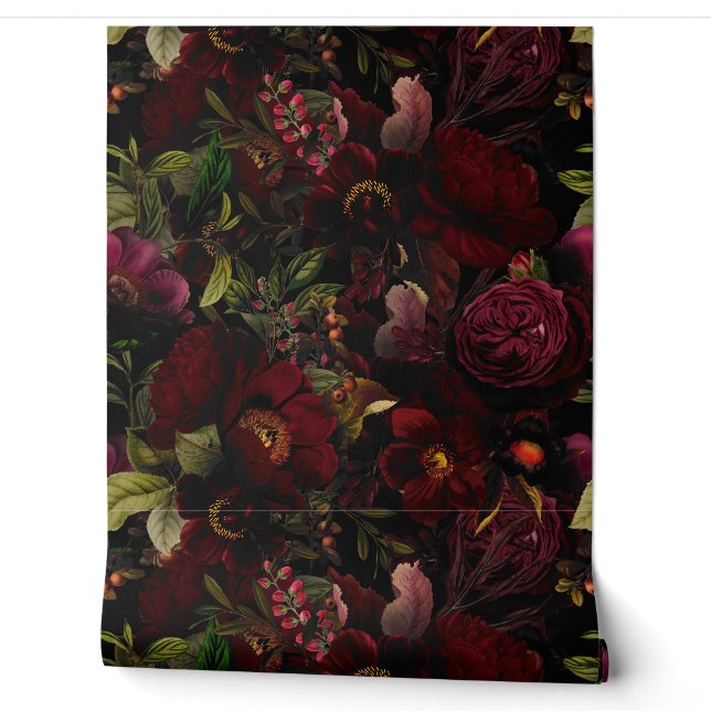 Vintage Summer Romanticism Maximalism Moody Floral Wallpaper (Unrolling)