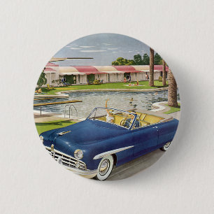 Vintage Summer Vacation, Convertible Car and Motel 2 Inch Round Button