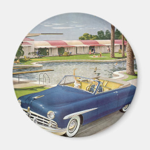 Vintage Summer Vacation, Convertible Car and Motel Magnet