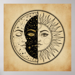 Vintage Sun and Moon Tarot Card Style Mystic Print