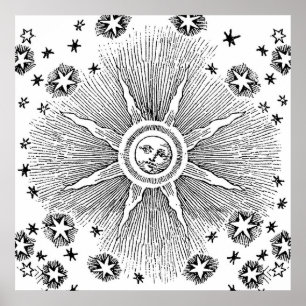 Vintage sun and stars celestial medieval sky drawi poster