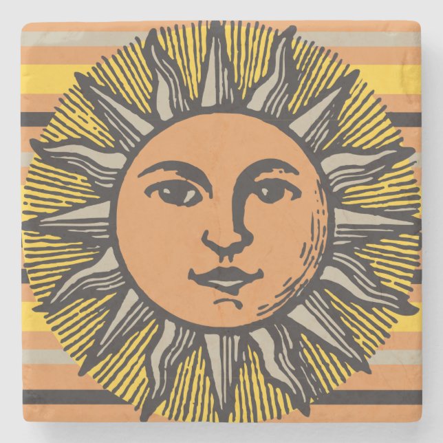 Vintage sun face woodcut stone coaster (Front)