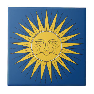 Vintage Sun Illustration on Blue Background Tile