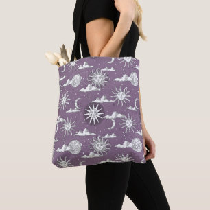 Vintage Sun Moon Celestial Pattern on Old Lavender Tote Bag