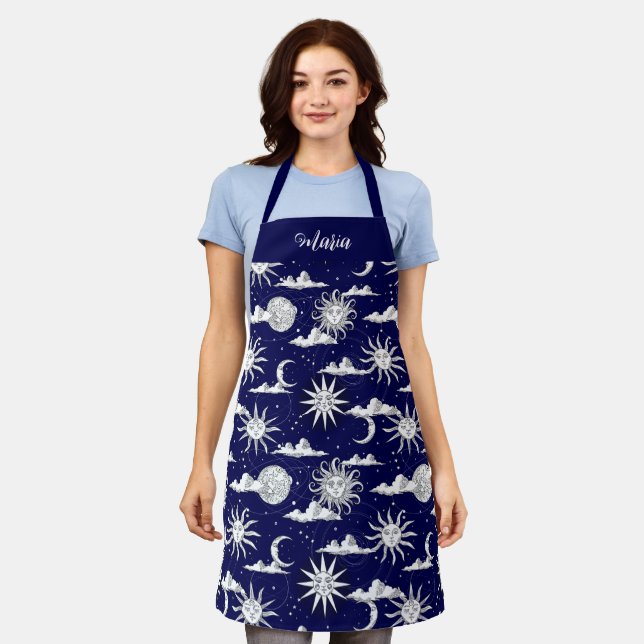 Vintage Sun Moon Celestial Pattern Personalized Apron (Worn)