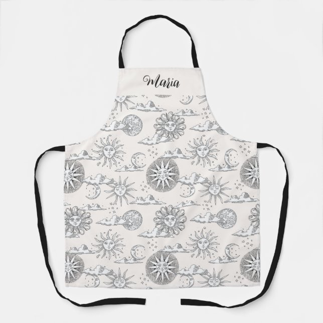 Vintage Sun Moon Celestial Pattern Personalized Apron (Front)